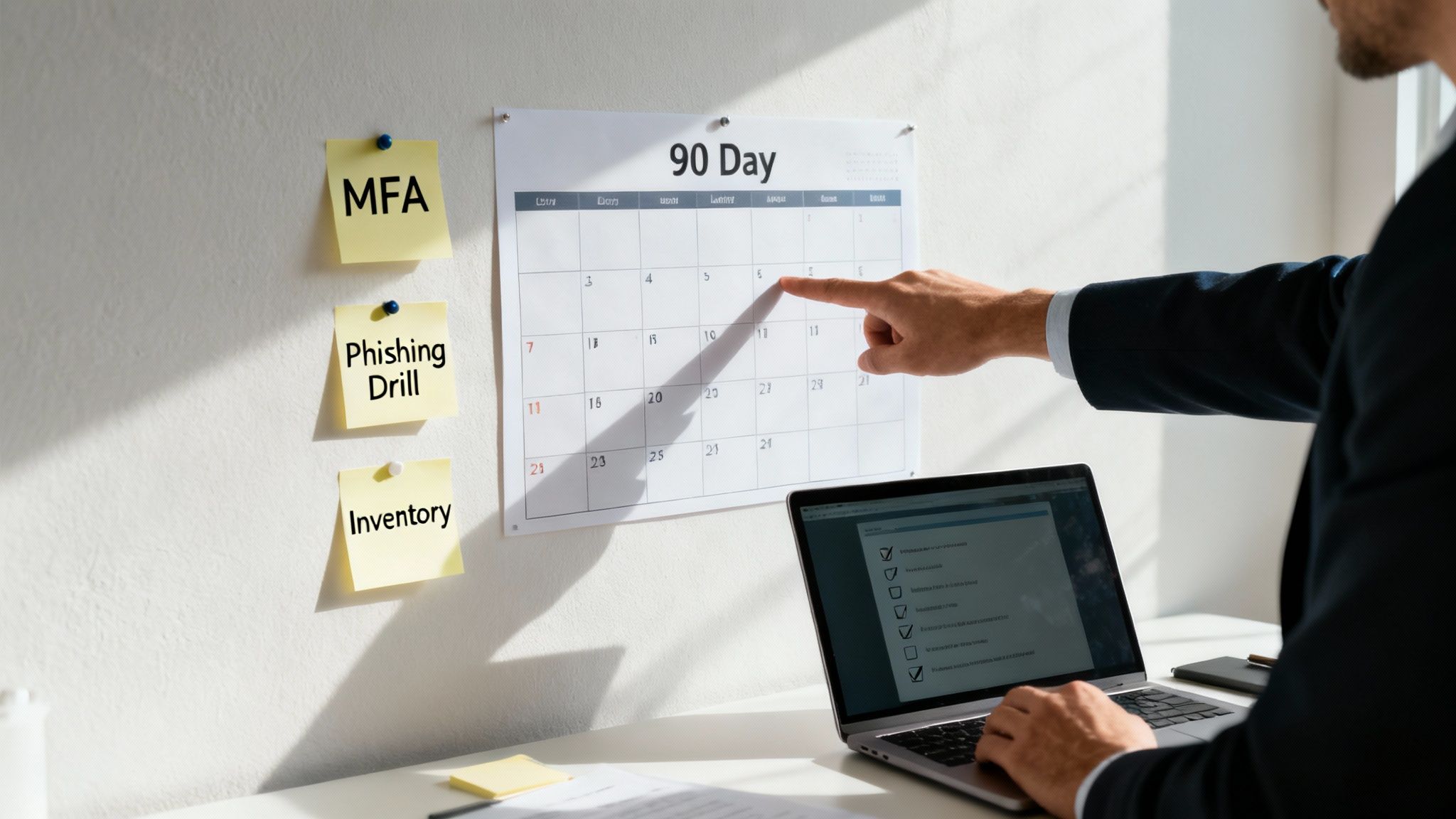 Businessman pointing at a 90-day calendar with cybersecurity tasks like MFA and Phishing Drill.