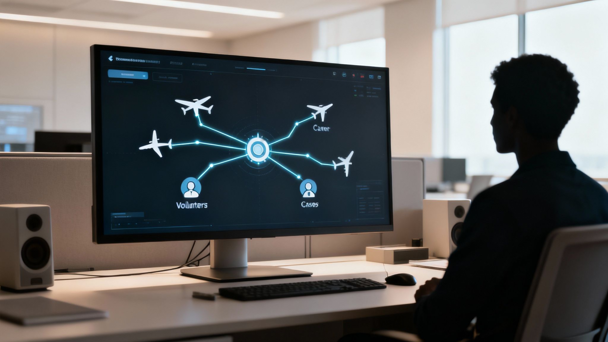 A person views a monitor displaying a network diagram with connections between volunteers, cases, and carers, featuring airplane icons.