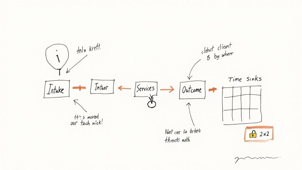 A handwritten diagram illustrating a process flow from intake through services to outcome and time sinks.