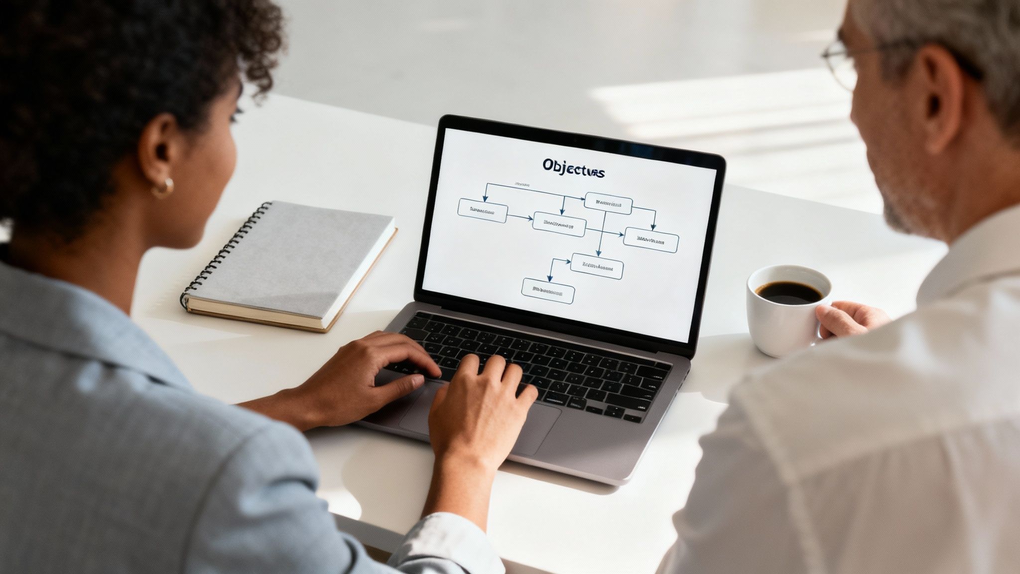 Two people collaborating on a laptop showing an objectives flowchart, with one typing and the other holding coffee.