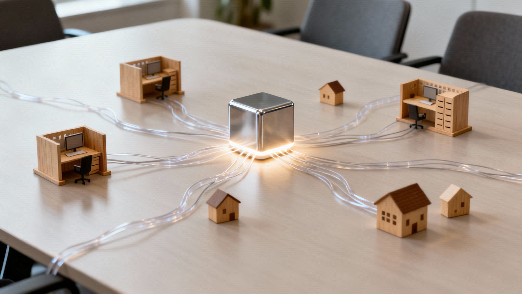 A glowing silver cube centerpiece on a table connecting miniature wooden offices and houses with transparent tubes.