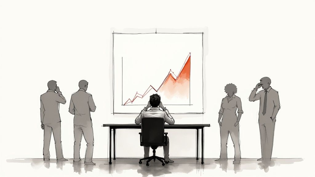 An illustration of business professionals analyzing an upward market trend graph on a screen.