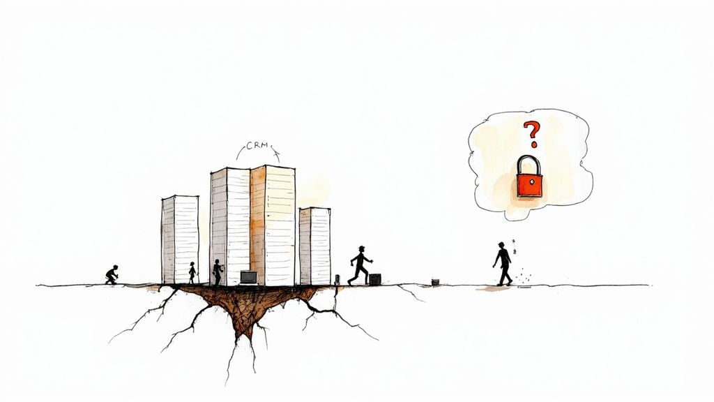 An illustration showing CRM data centers on cracked ground, with a person contemplating data security issues.