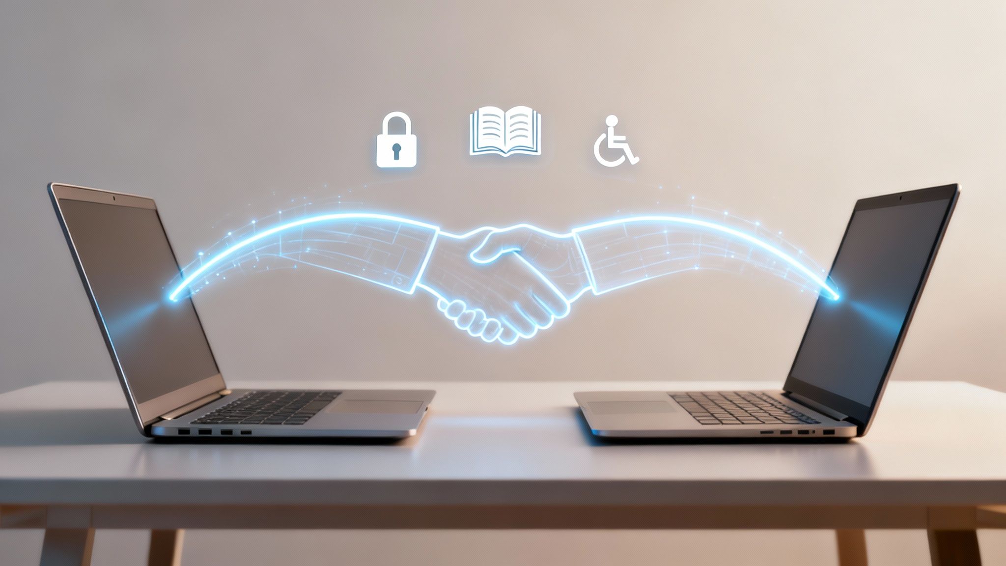 Two laptops connected by a digital handshake, symbolizing secure access, knowledge, and inclusivity.