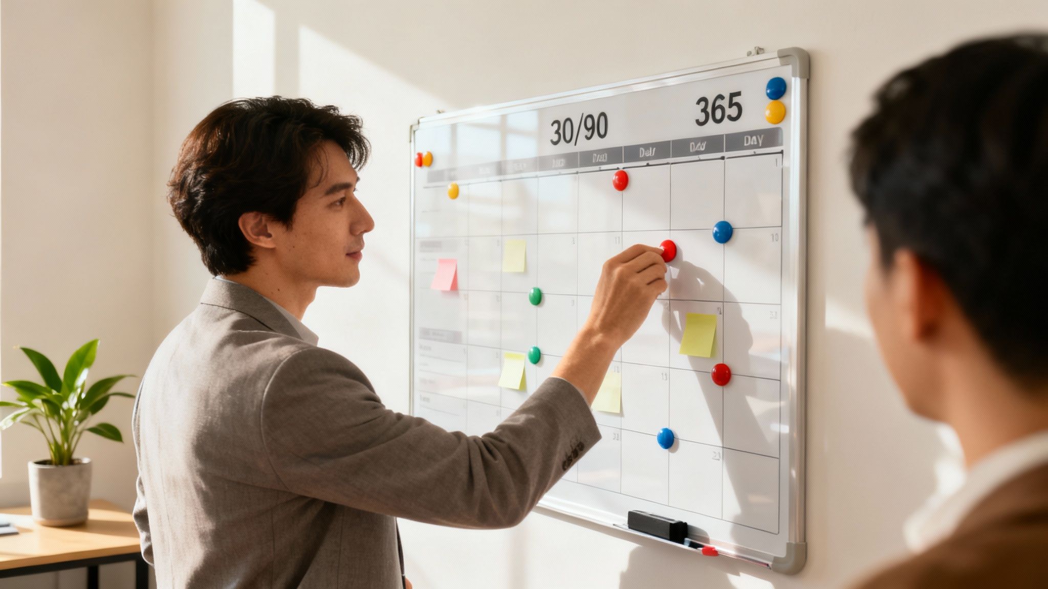 Two businessmen discussing project goals on a whiteboard calendar with colorful pushpins.