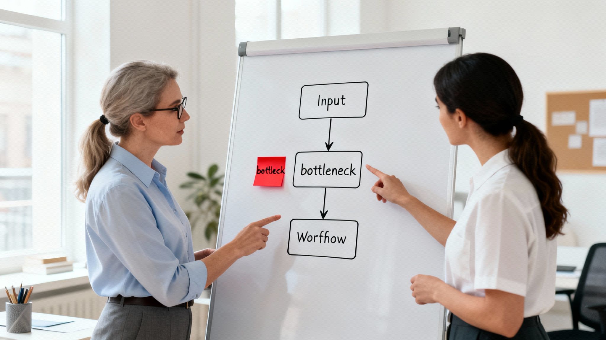 Two women discussing a workflow diagram on a whiteboard, identifying a bottleneck in the process.