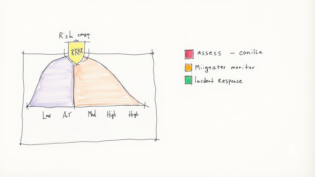 A hand-drawn diagram illustrating risk management processes over a bell curve with a legend.