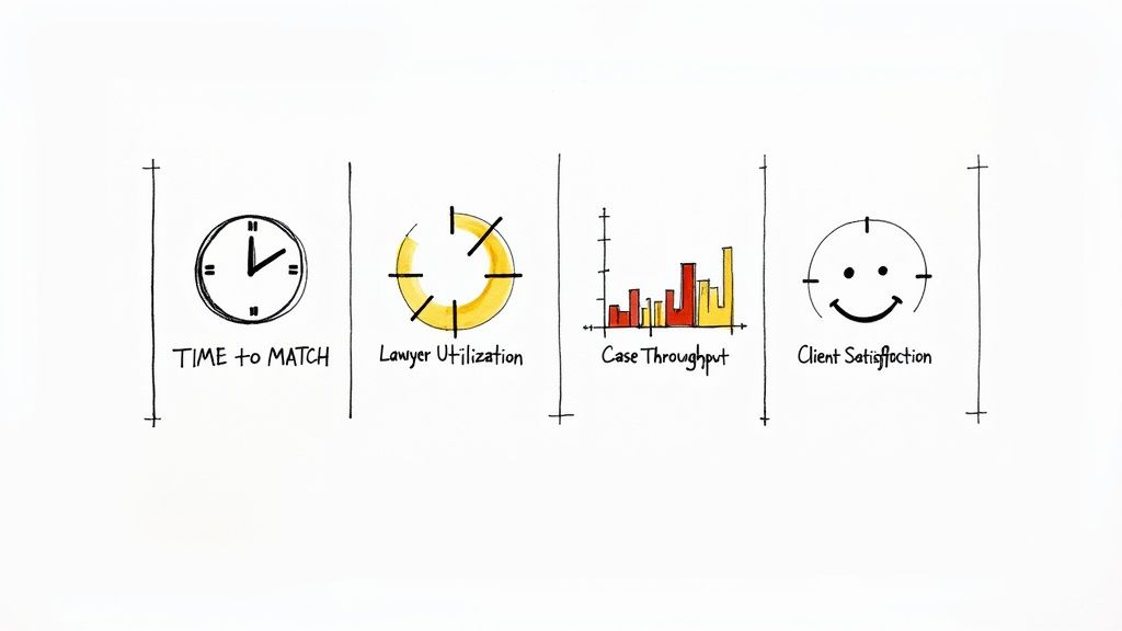 Four hand-drawn icons illustrate key performance indicators: time to match, lawyer utilization, case throughput, and client satisfaction.