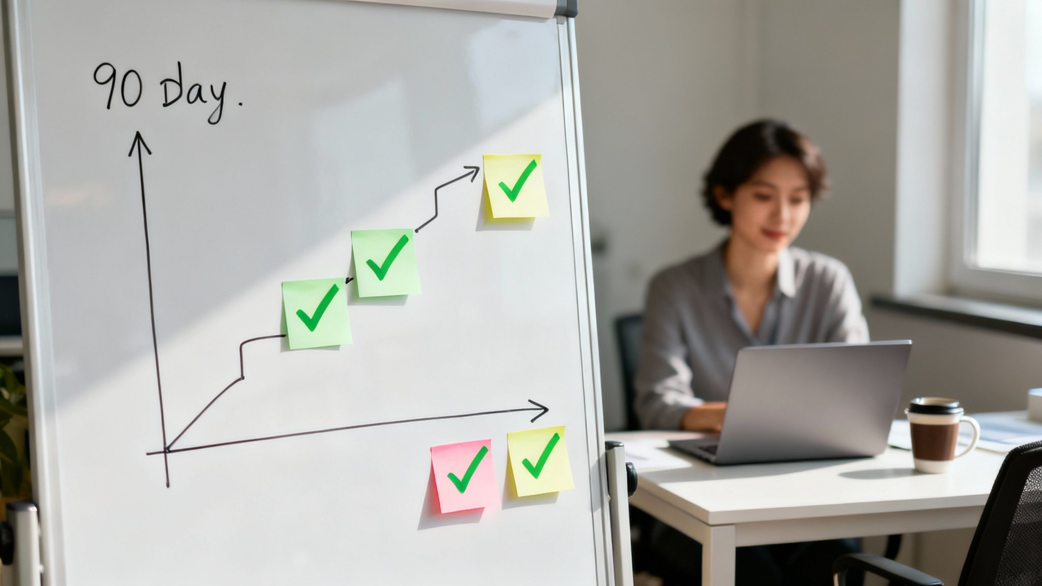 A whiteboard displays a '90 day' progress chart with sticky notes and checkmarks, as a person works on a laptop.