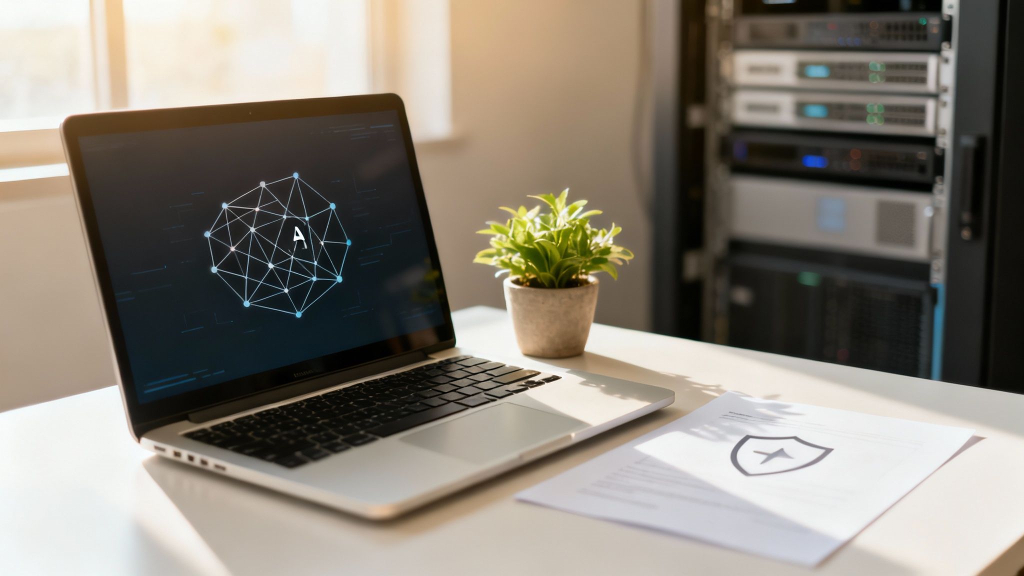 Laptop displaying a network diagram with 'A' on screen, potted plant, and a document with a shield icon on a desk near server racks.