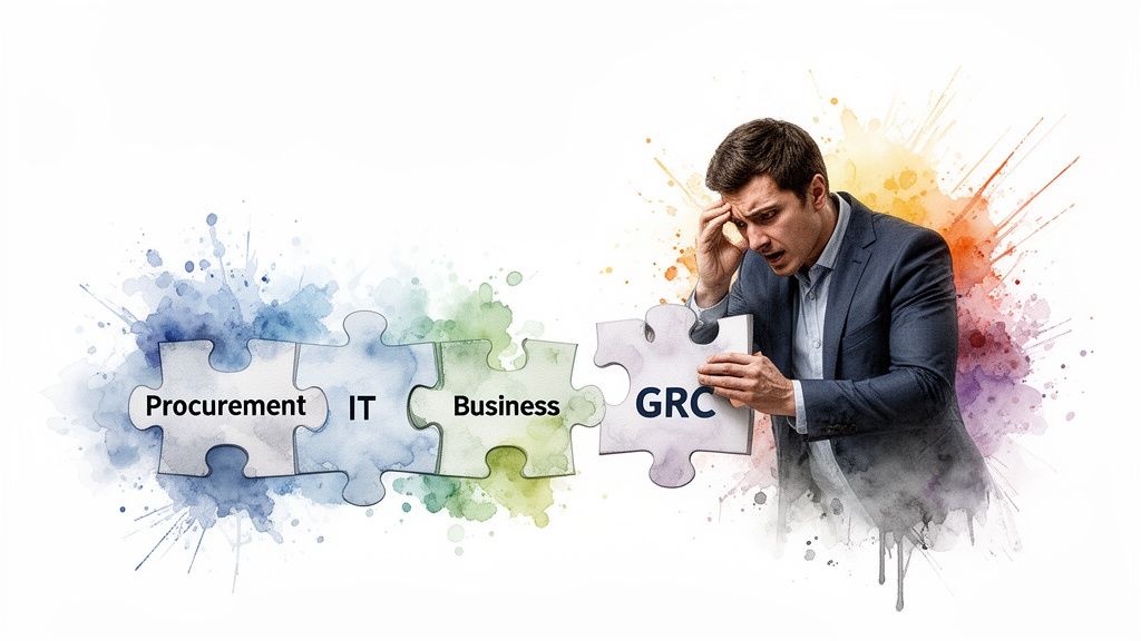 Stressed man struggles to connect GRC puzzle piece with Procurement, IT, and Business.
