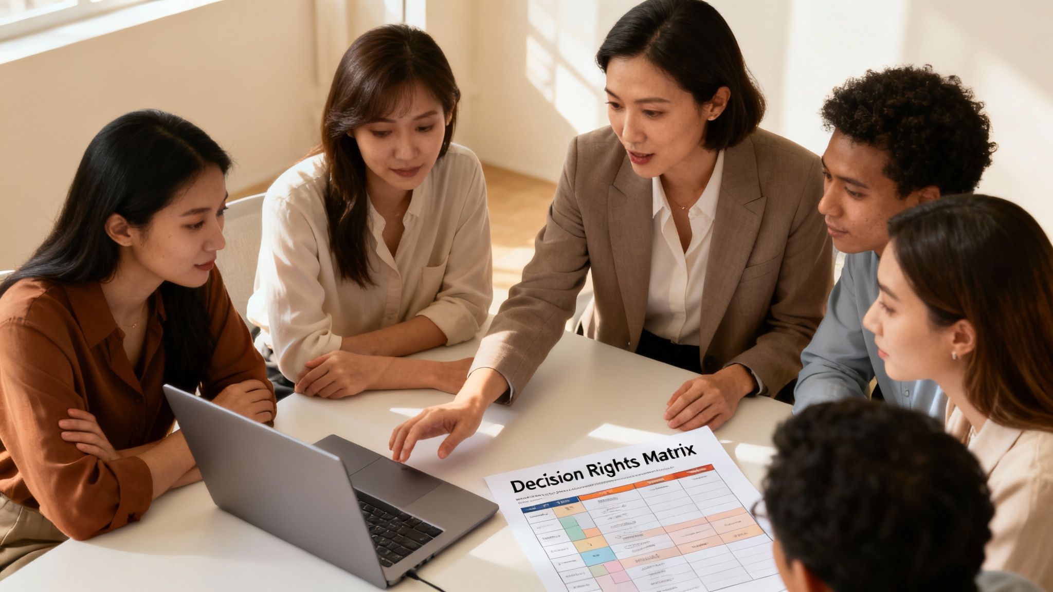 Diverse business team discussing a 'Decision Rights Matrix' document and laptop, collaborating at a meeting.