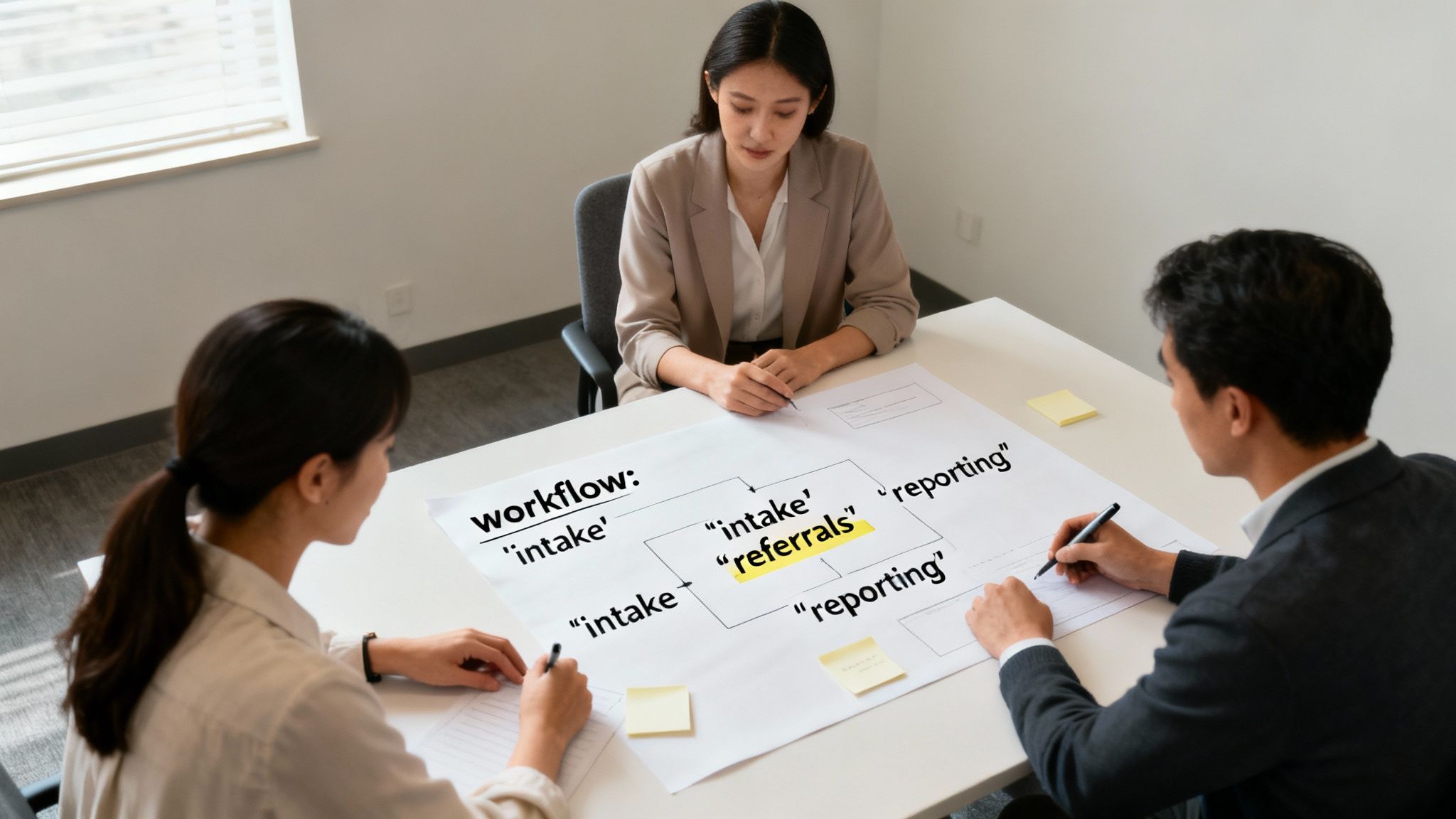 Three colleagues analyze a workflow diagram with 'intake', 'referrals', and 'reporting' steps.