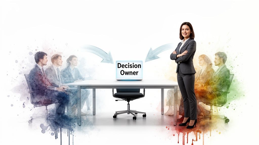 A confident woman, the 'Decision Owner,' stands, receiving input from a diverse team at a meeting table.