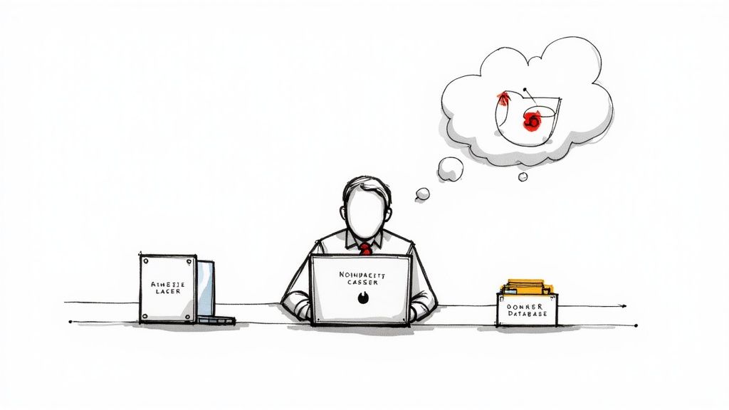 A person works on a laptop at a desk, surrounded by technology, contemplating an idea about a cybersecurity risk assessment template