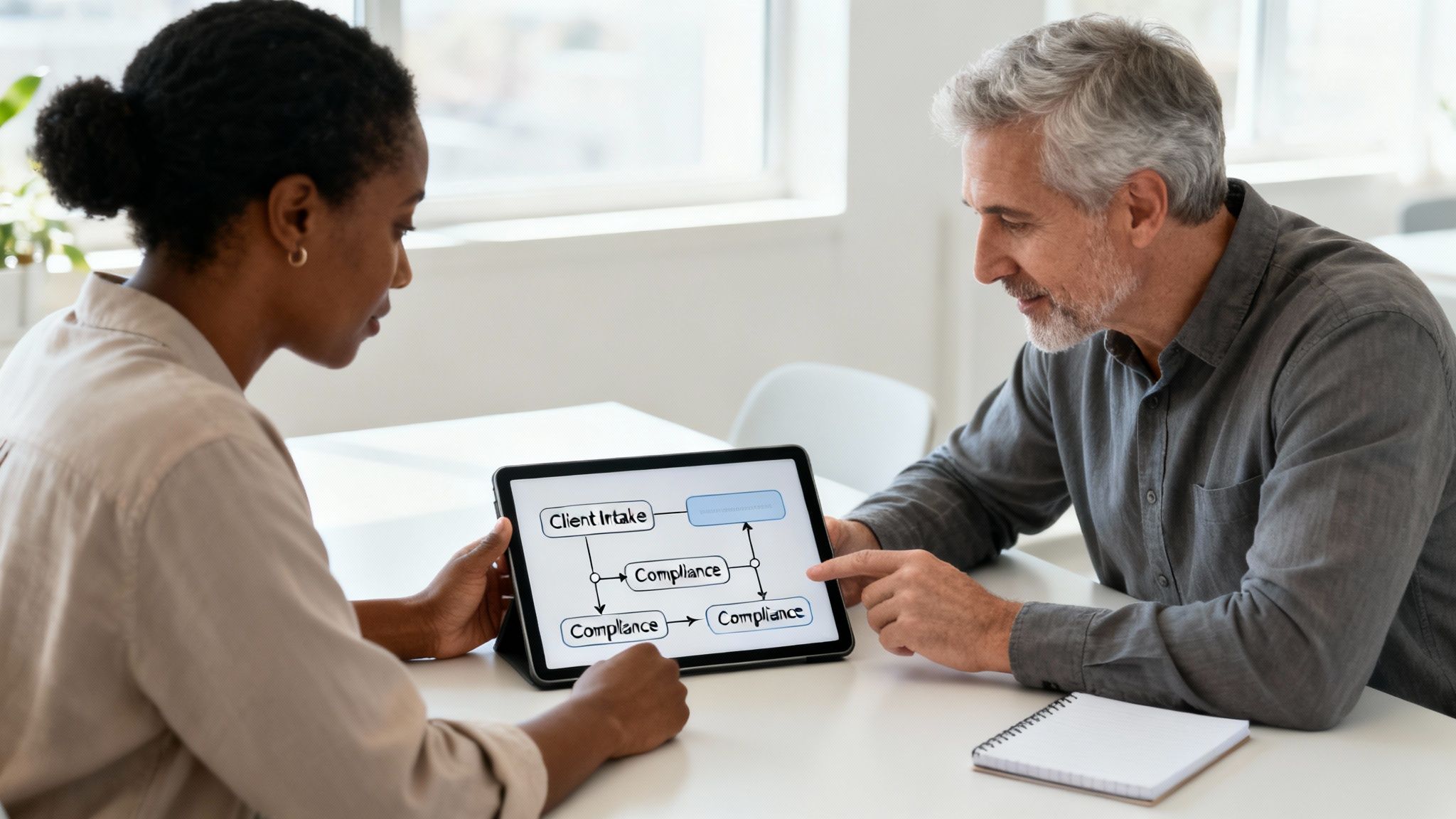 Two diverse professionals examine a digital flowchart on a tablet, discussing client intake and compliance.