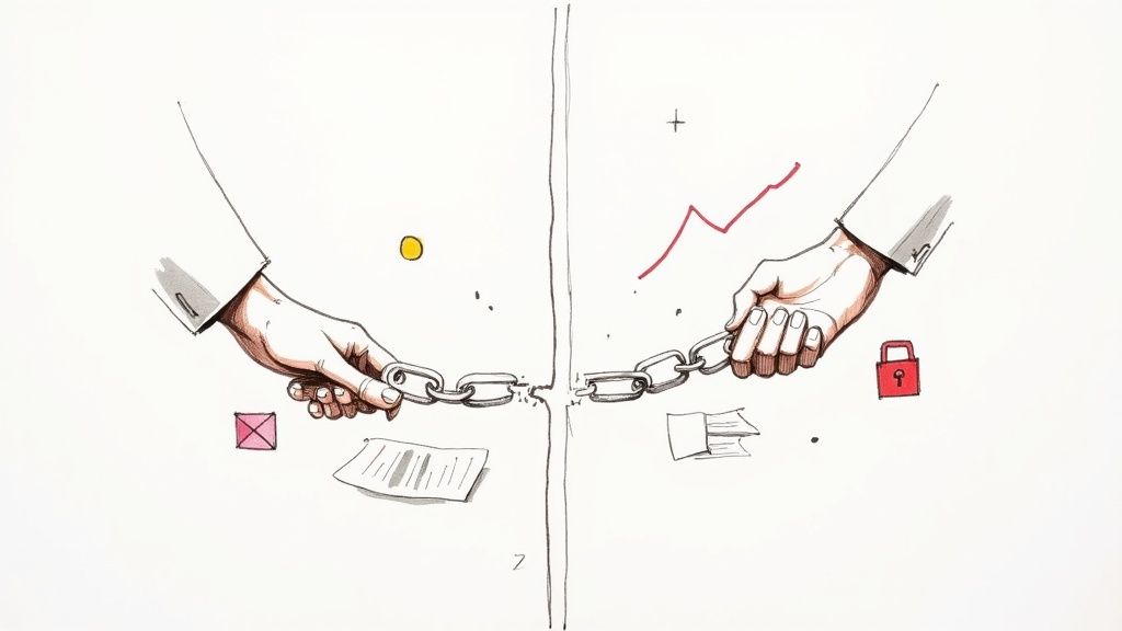 Two hands breaking a chain over a dividing line, with business symbols on either side.