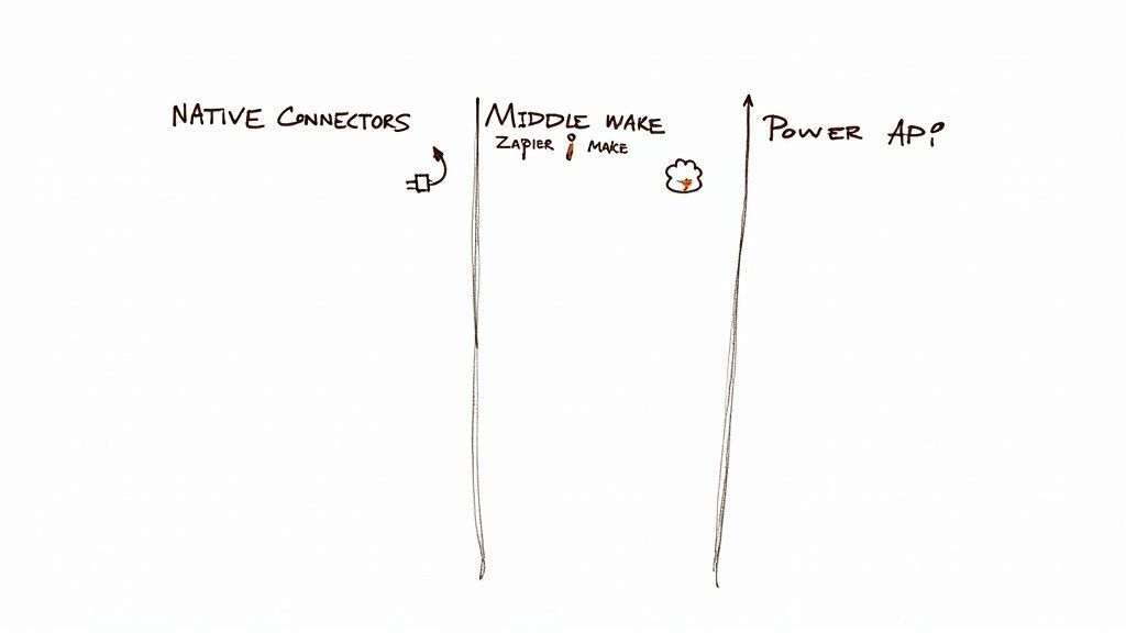 Whiteboard diagram illustrating three system connection methods: native, middleware (Zapier, Make), and Power API.