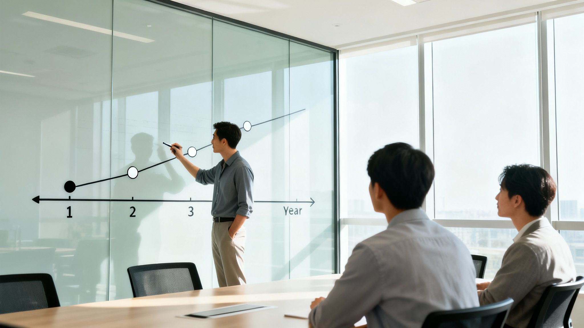 An Asian man presents a business growth graph on a glass wall to two colleagues in an office meeting.