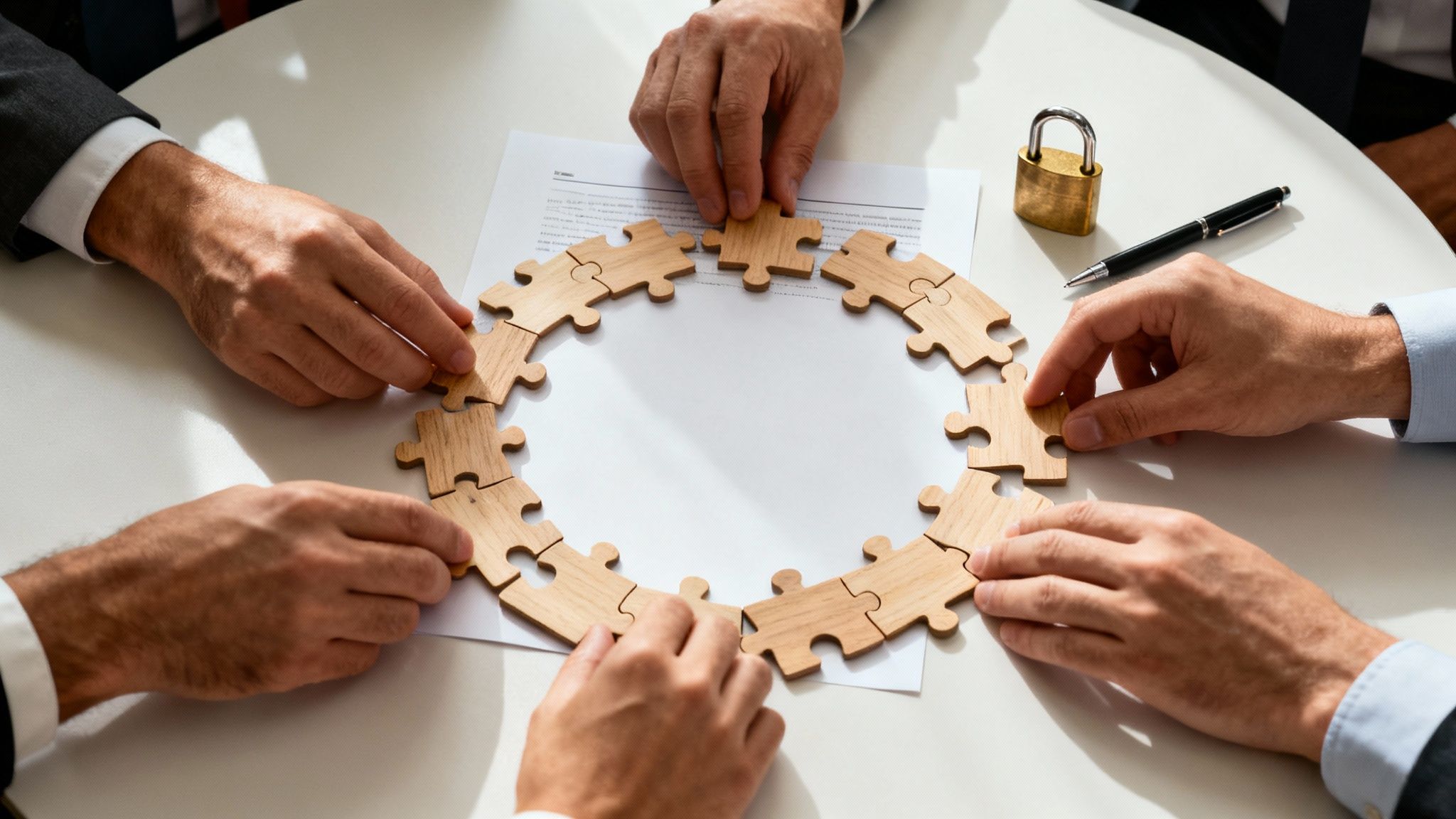 Hands of business professionals collaboratively arranging wooden puzzle pieces into a circular shape on a table.