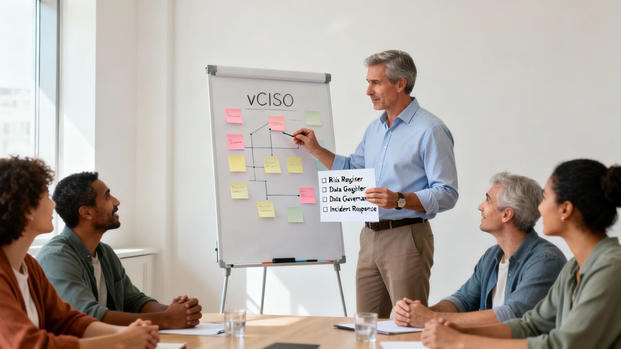 A male presenter explains the values of a virtual ciso for legal partner organizations on a whiteboard to a diverse group of professionals.