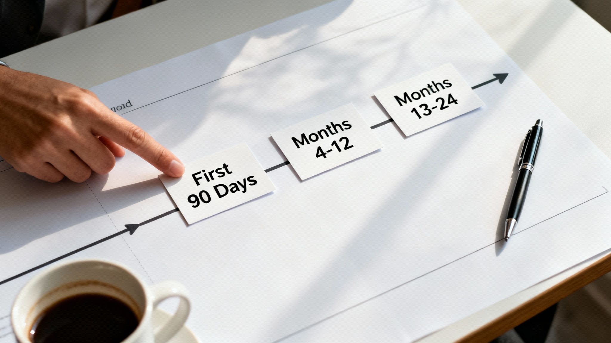 A hand points at a strategic timeline showing 'First 90 Days', 'Months 4-12', and 'Months 13-24' stages.