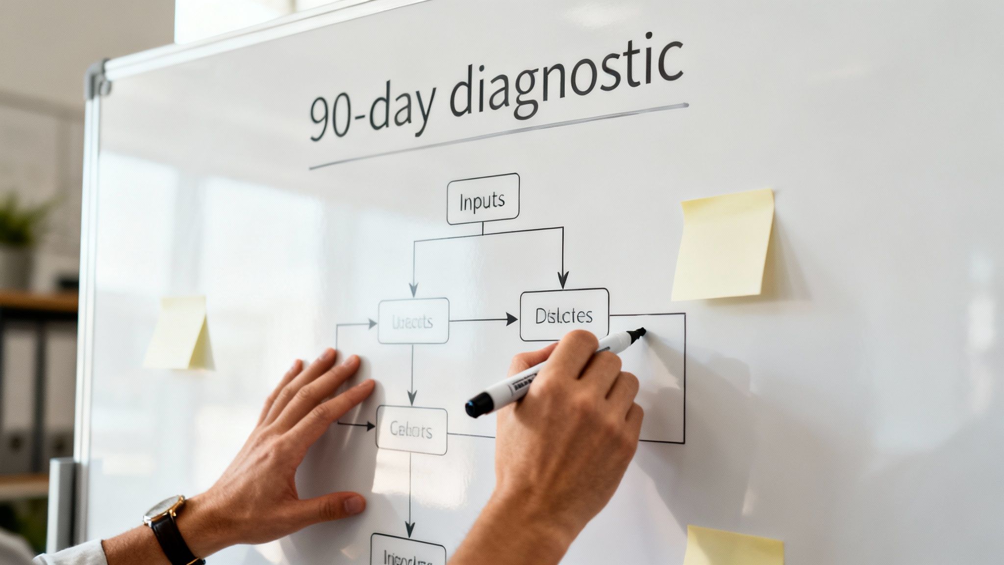 Hands drawing a 90-day diagnostic flowchart on a whiteboard during a business meeting.