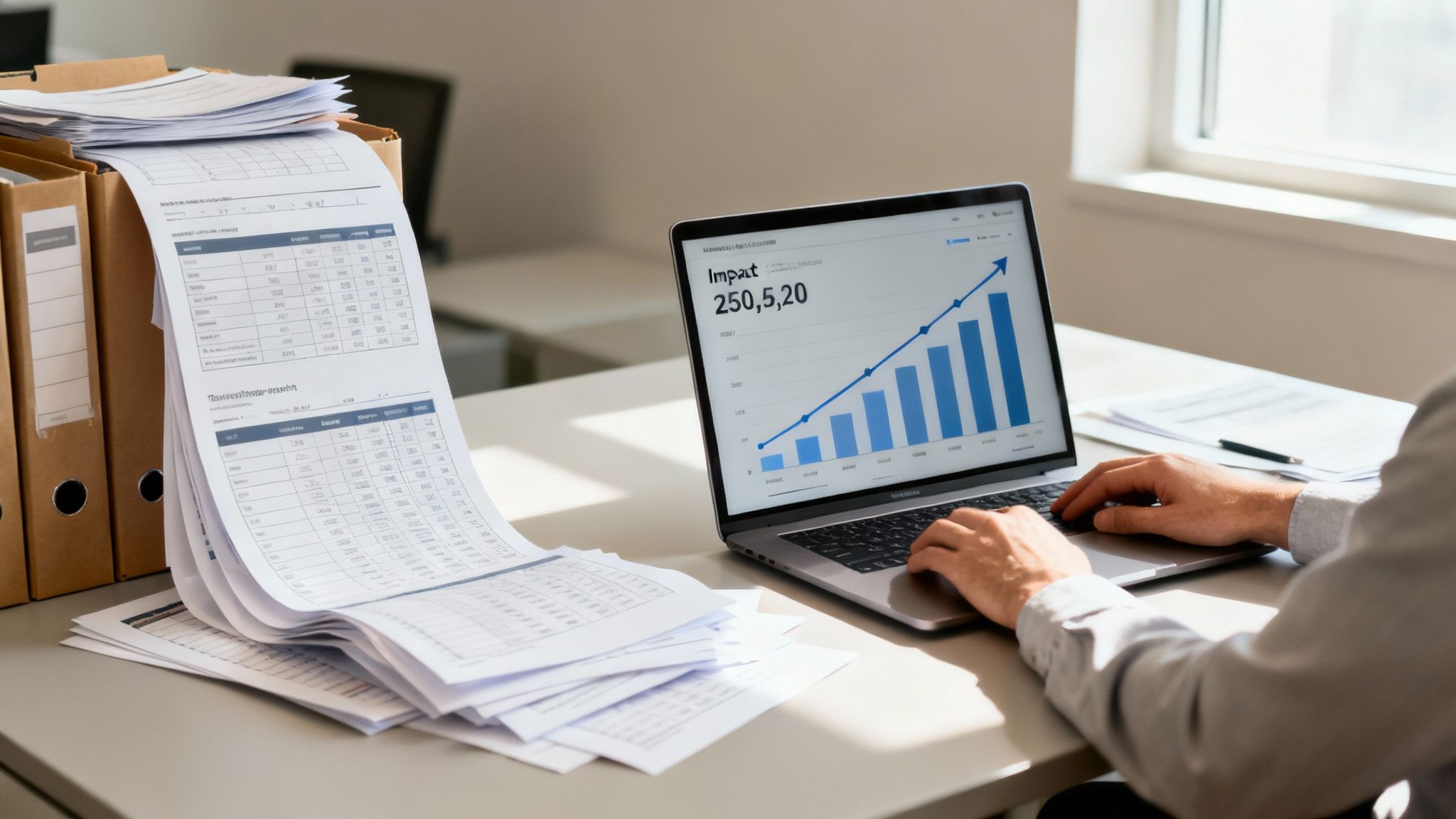 A person analyzing data on a laptop with a growth chart, surrounded by stacks of paper.