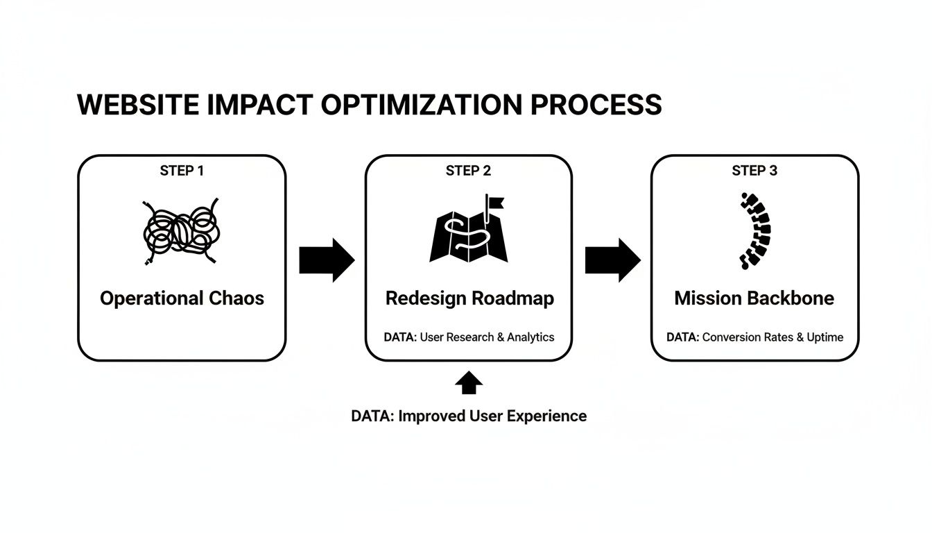 A three-step diagram illustrates the website impact optimization process, moving from operational chaos to redesign roadmap and mission backbone.