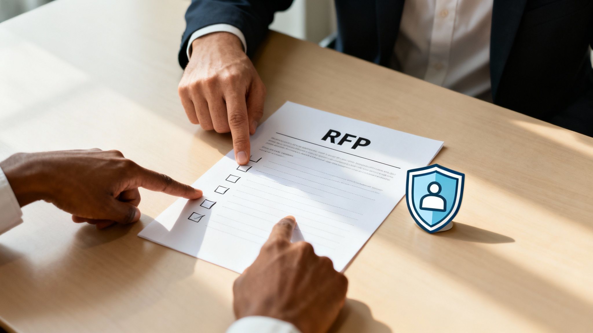 Two business people review an RFP document with checkboxes and a security icon, discussing proposals.
