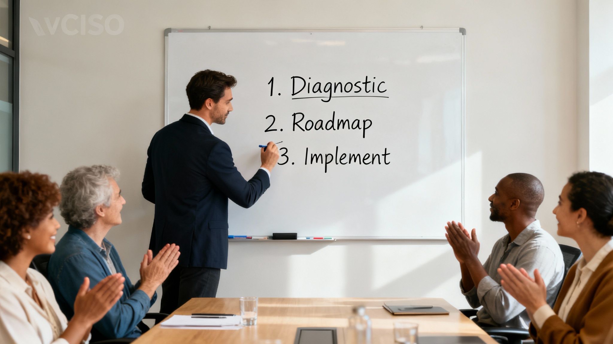 A man writes 'Diagnostic, Roadmap, Implement' on a whiteboard while an audience claps during a business meeting.