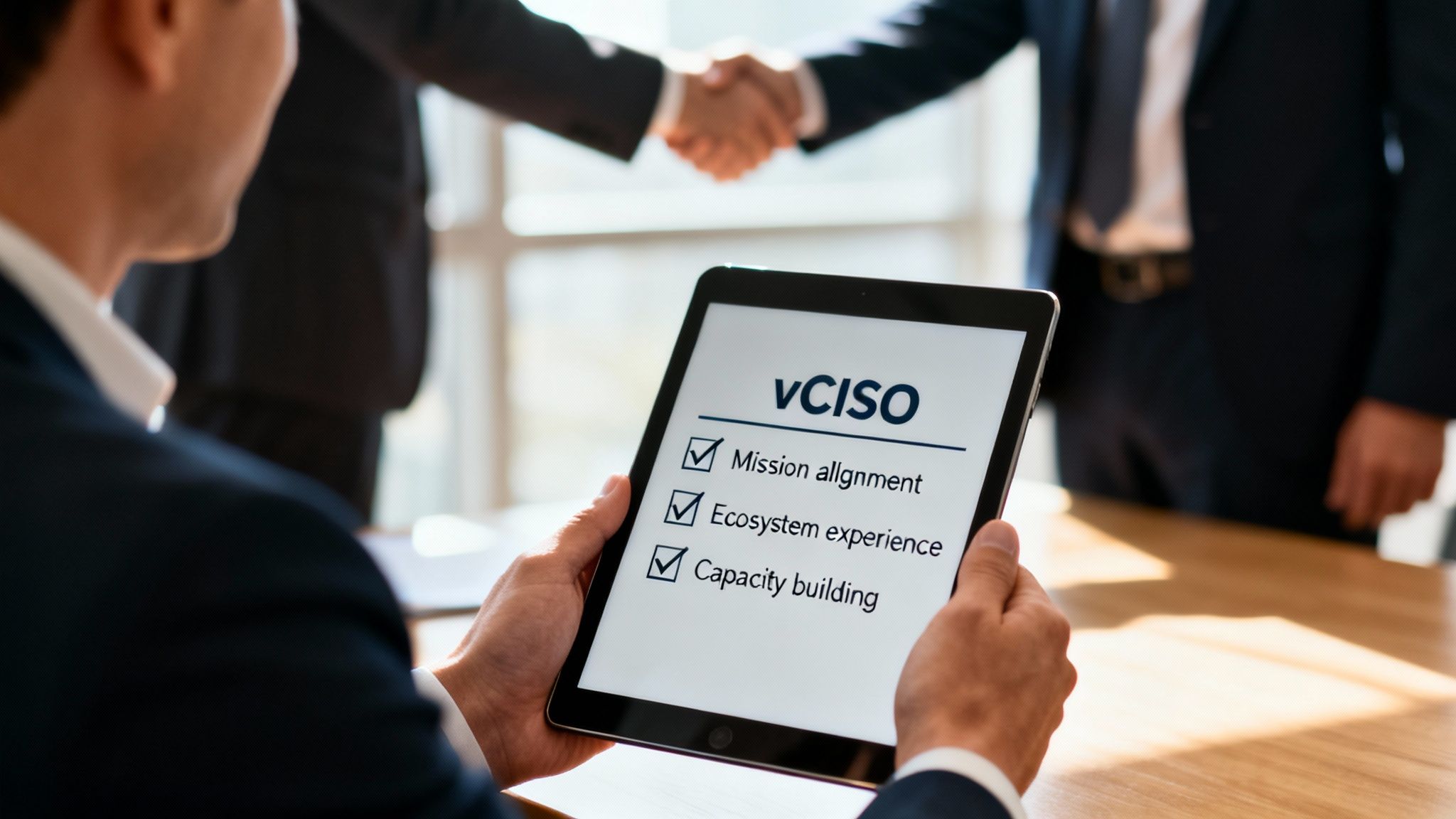 Person holds a tablet showing vCISO checklist: Mission alignment, Ecosystem experience, Capacity building, with a handshake in the background.
