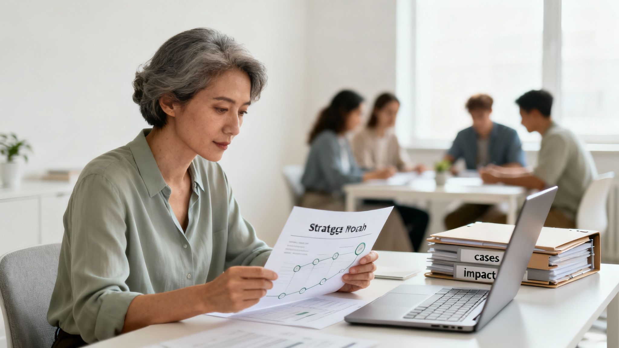 An older Asian woman reviews a strategic goals document at a desk with a laptop and files in an office.