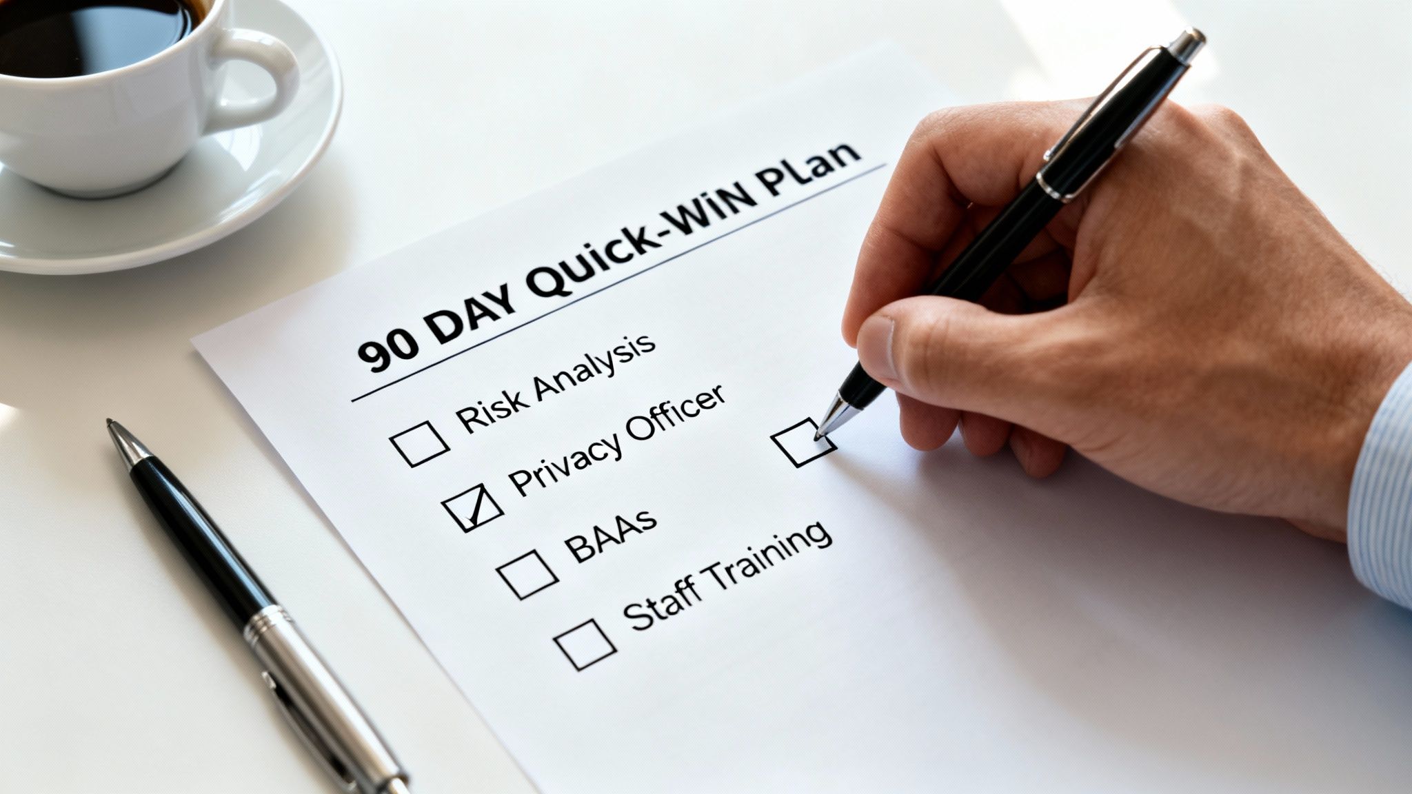 A hand checks the "Privacy Officer" box on a "90 DAY Quick-WIN Plan" compliance checklist.