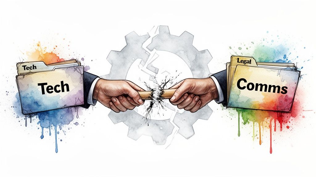 Hands pulling apart a stick, symbolizing conflict between Tech and Legal/Comms departments, with a broken gear backdrop.