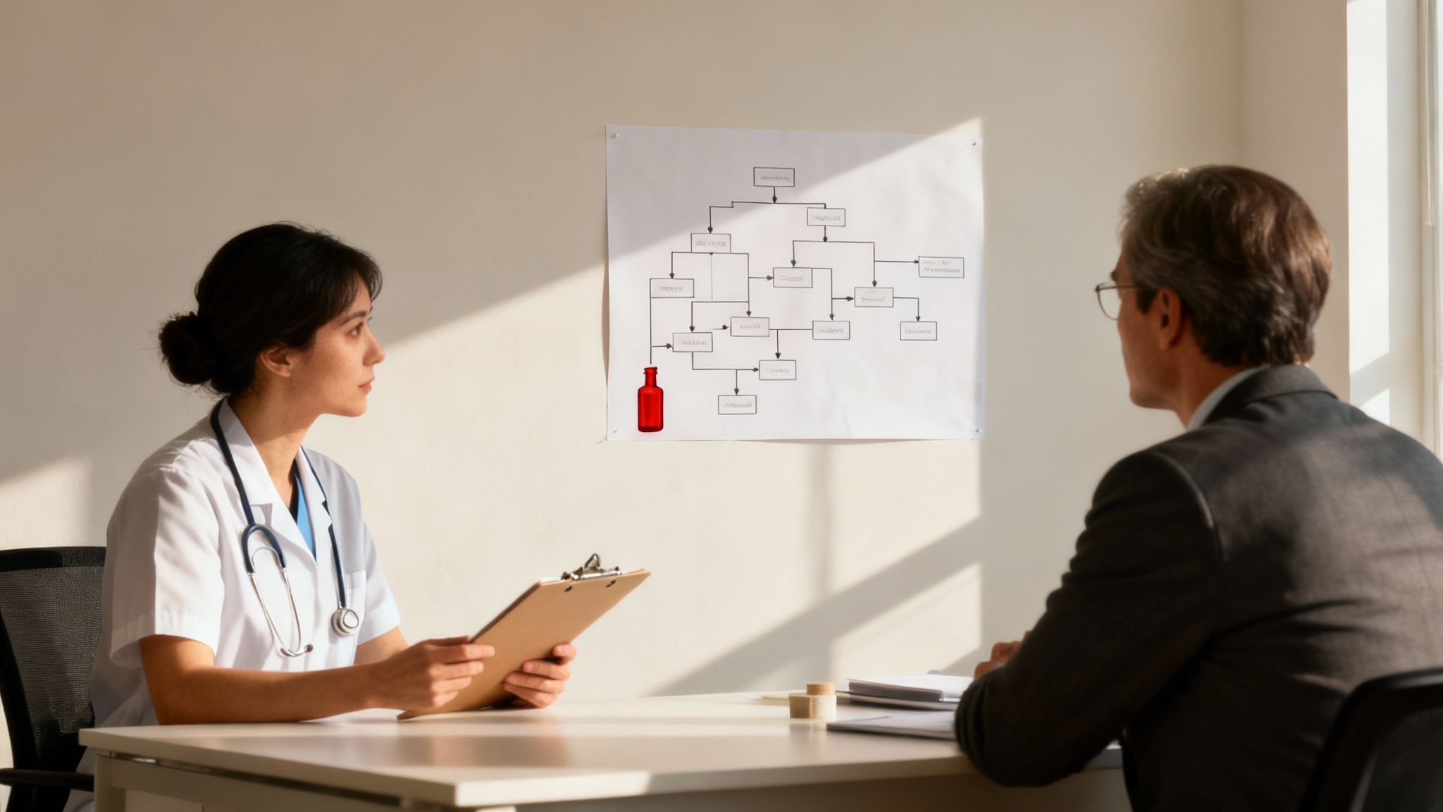 A female doctor consults a male patient, looking at a medical flowchart on the wall.