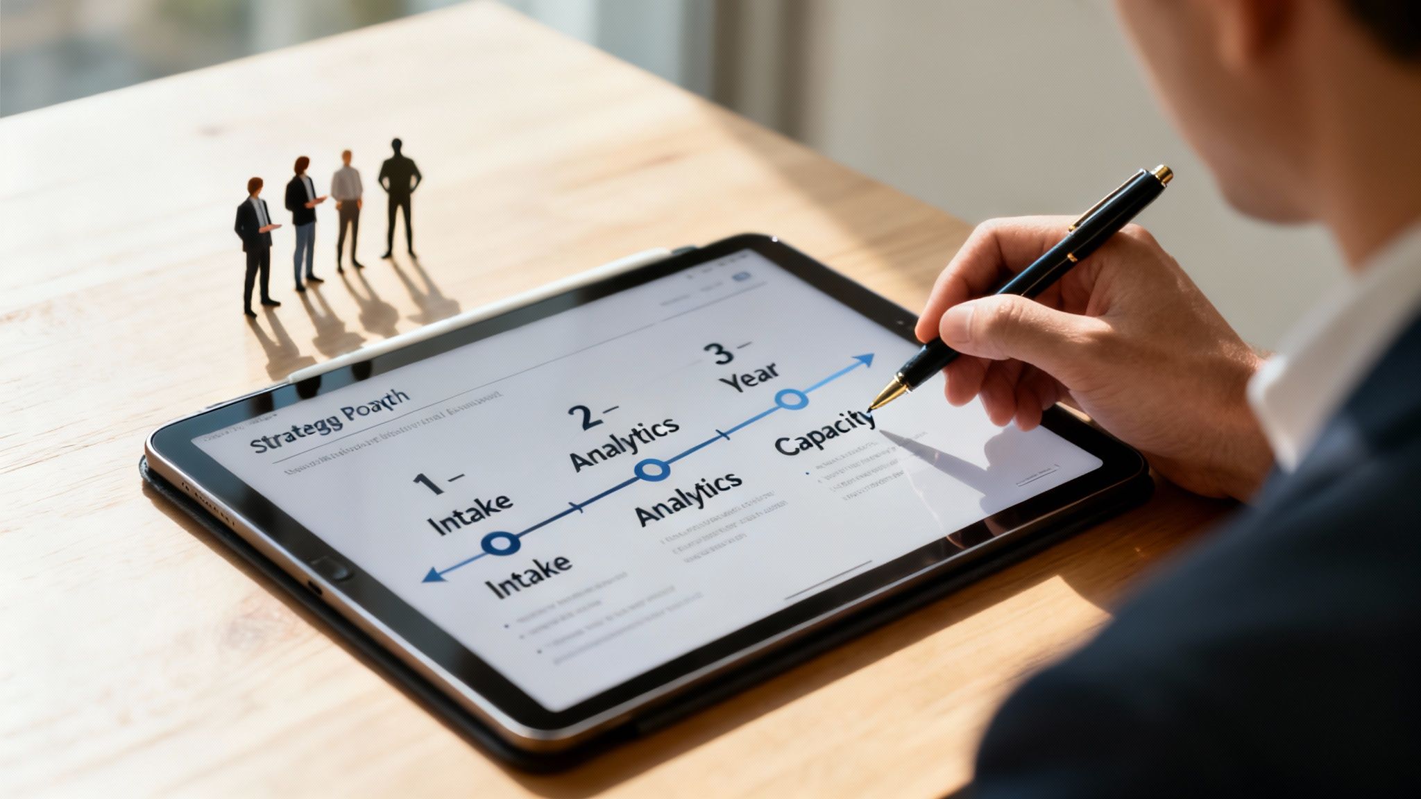 A person uses a stylus on a tablet showing a strategic roadmap, with miniature business figures on the table.