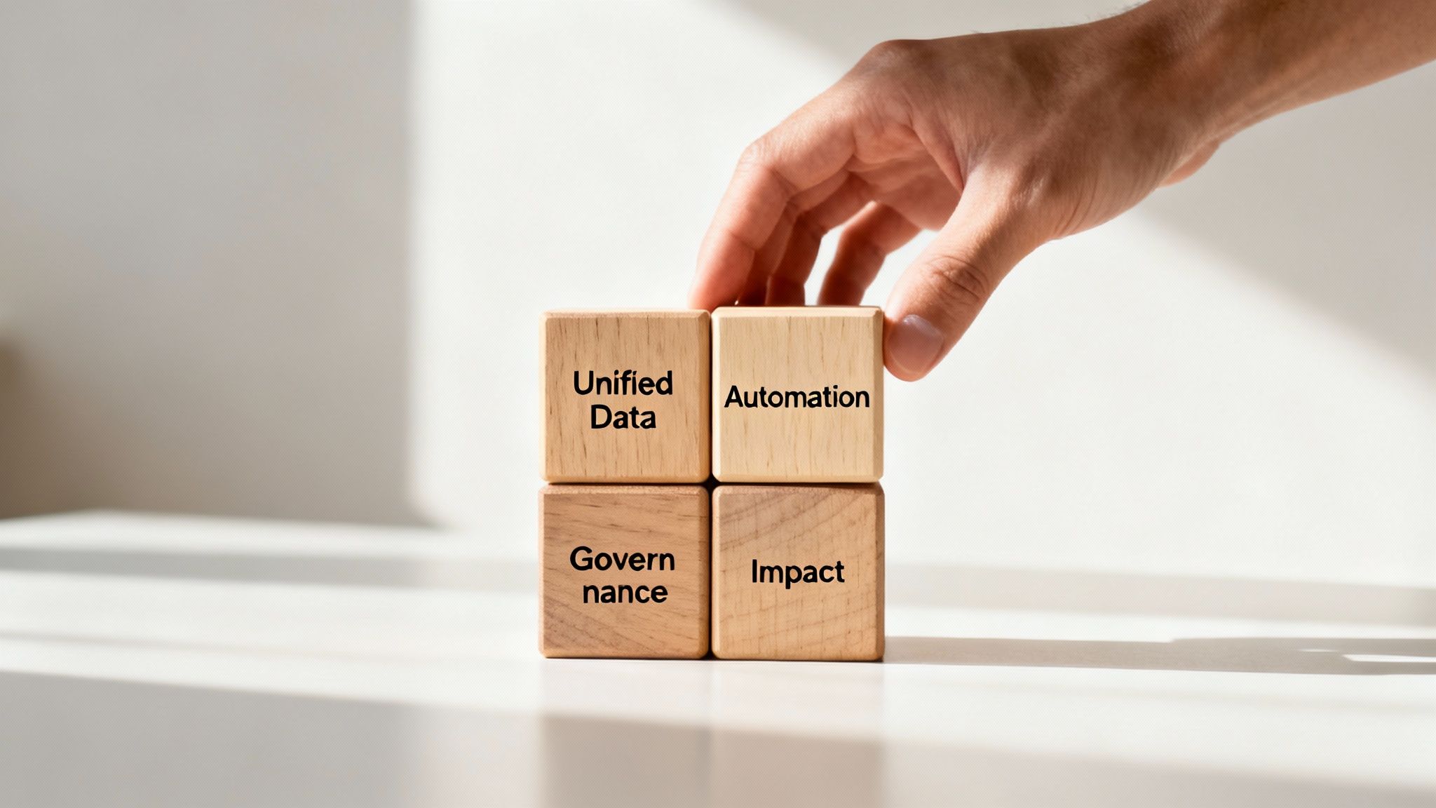 Four wooden blocks displaying 'Unified Data', 'Automation', 'Governance', 'Impact' concepts, with a hand.