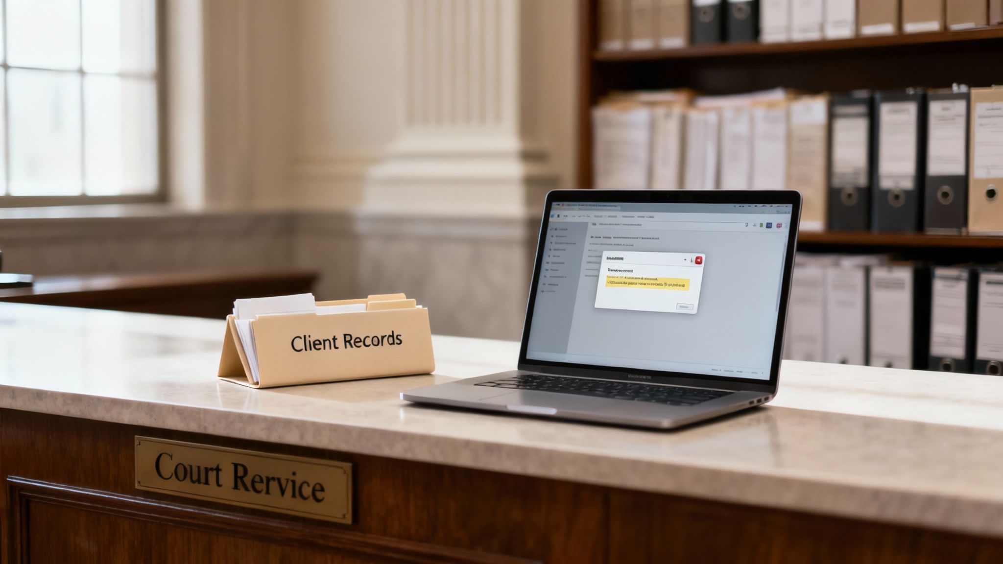 Cybersecurity strategy consulting for court services organizations and a a laptop showing a security error message on a 'Court Service' counter with 'Client Records' folder.