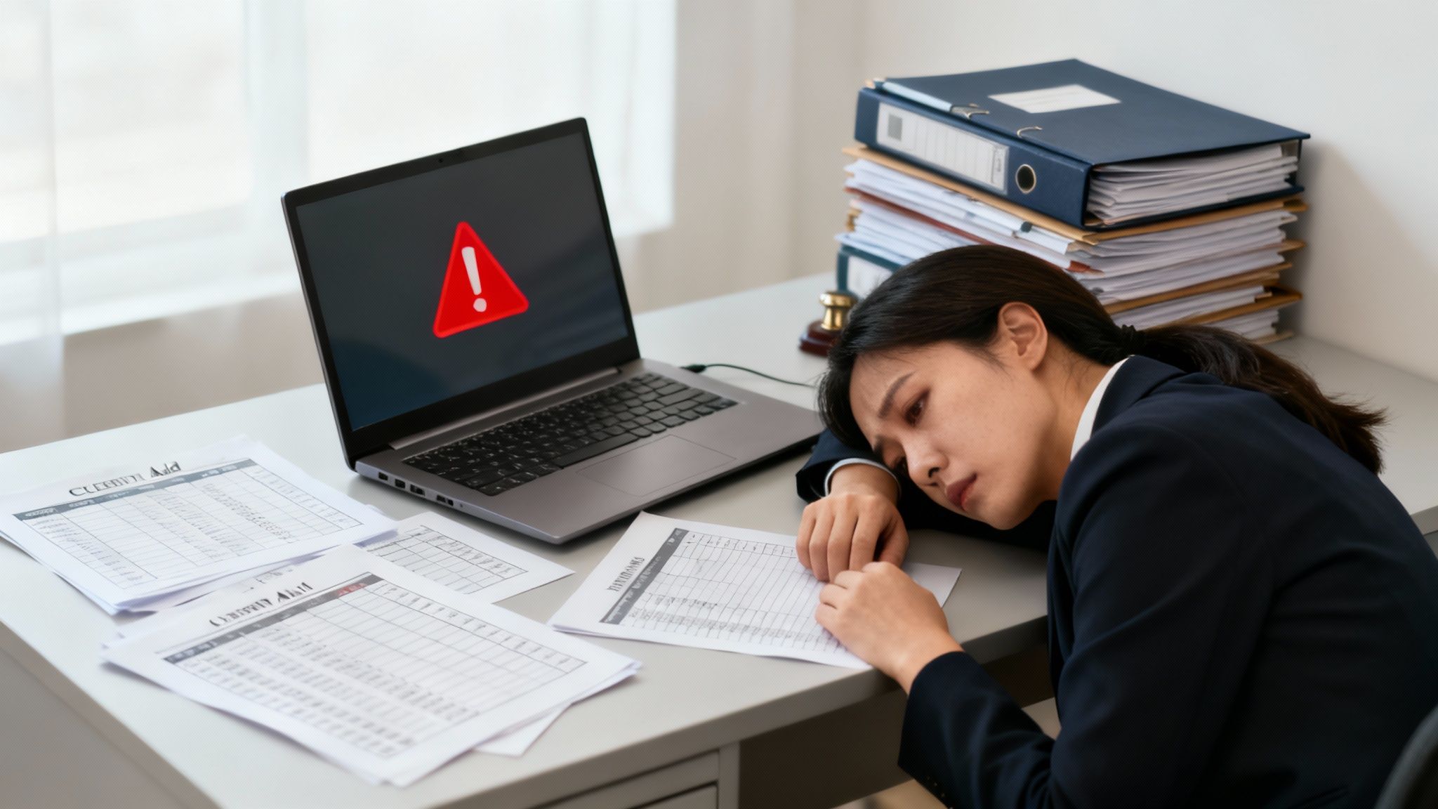 A tired professional sleeps on a desk next to a laptop displaying a warning sign, amidst paperwork who really needs an Interim CTO for Legal Services Organizations.