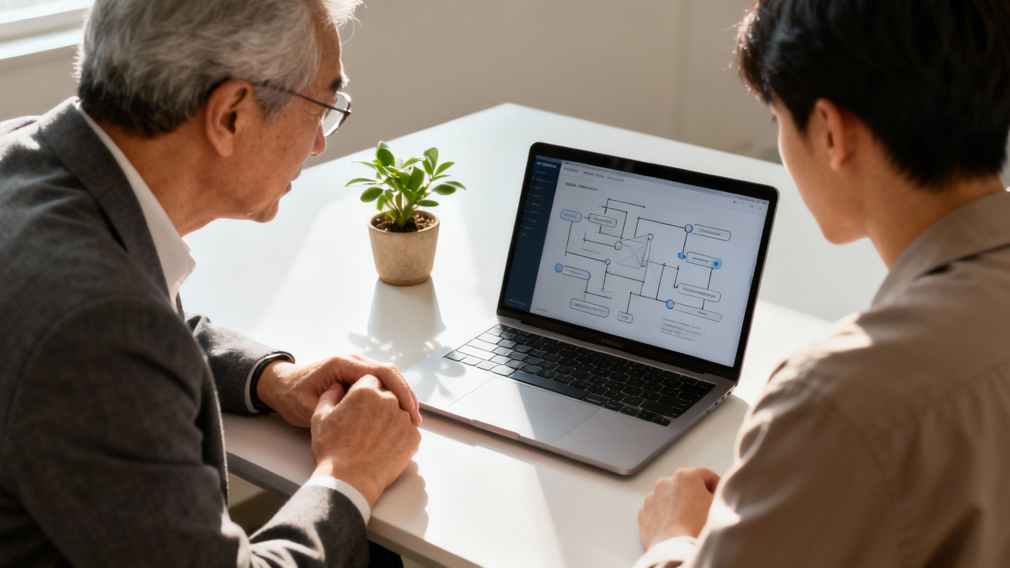 Two professionals collaborating, reviewing a digital strategy flowchart on a laptop in a bright office.