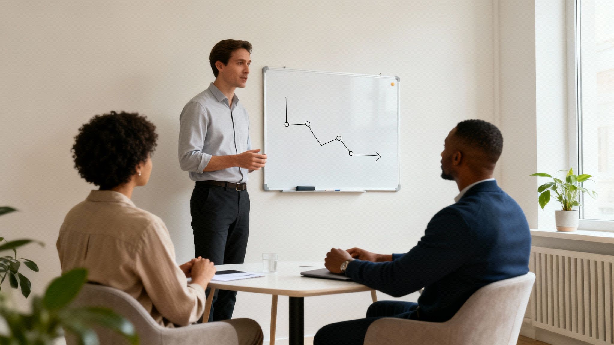 A male presenter discusses a downward trend graph on a whiteboard with two colleagues during an office meeting.