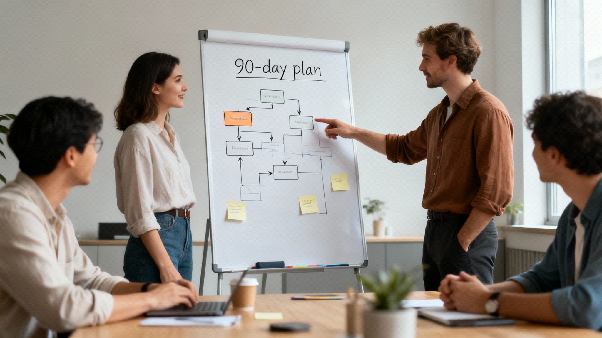 A group of four professionals discussing a 90-day plan on a whiteboard during a business meeting.