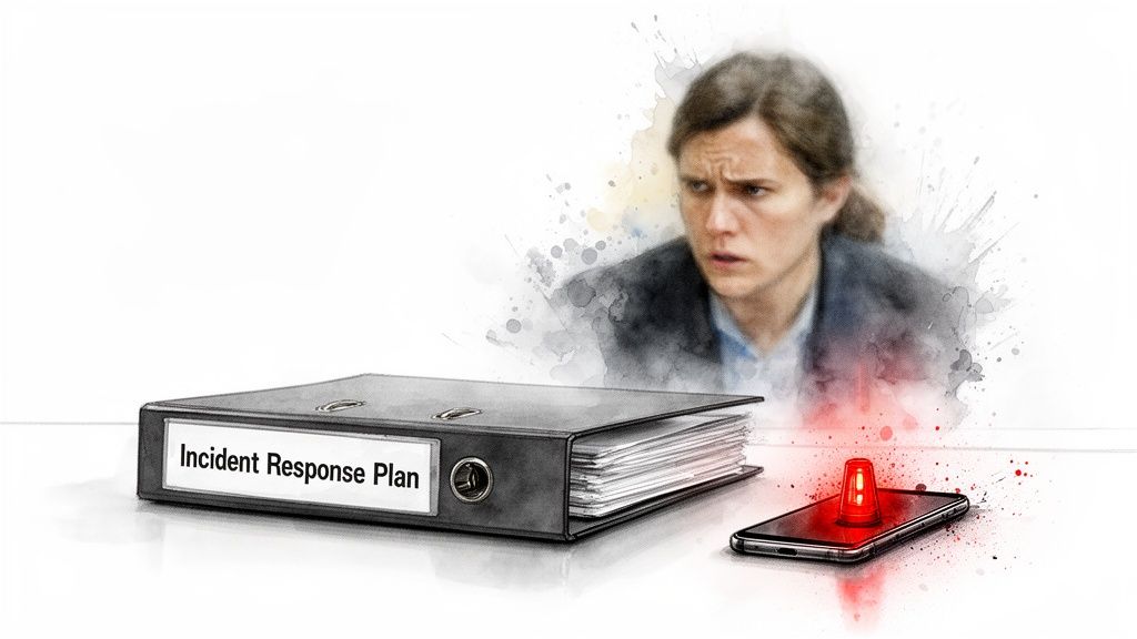 A worried person looks at an 'Incident Response Plan' binder and a phone with a red emergency siren.