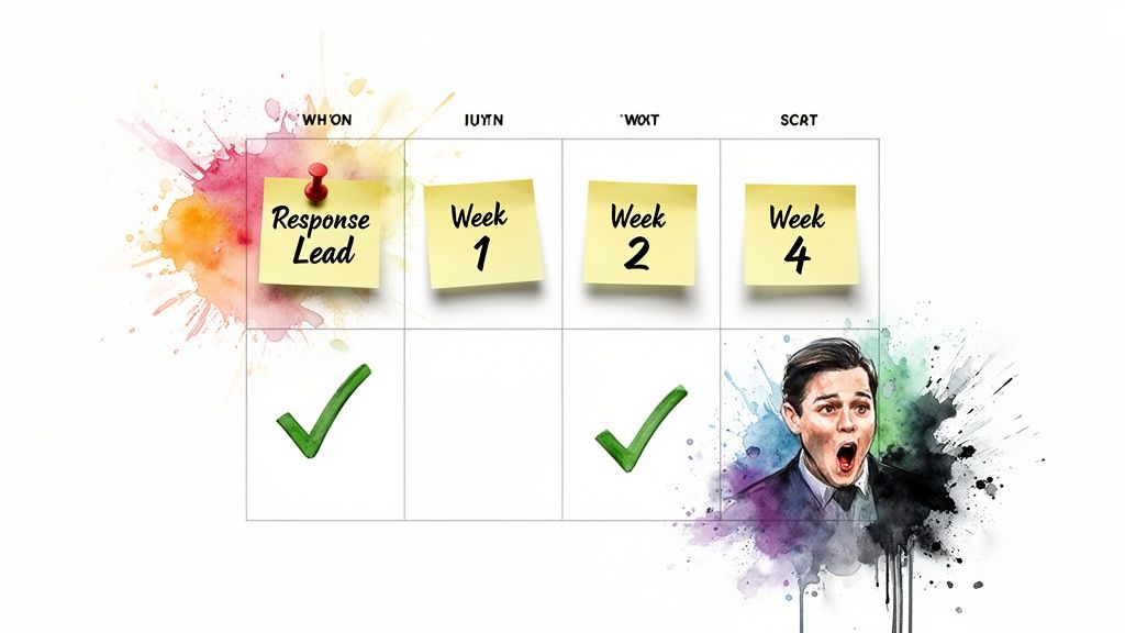 Watercolor grid displaying 'Response Lead', 'Week 1', 'Week 2', 'Week 4' notes with green checkmarks and a surprised man.
