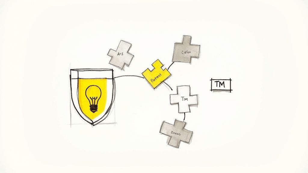 A hand-drawn diagram illustrates a lightbulb in a shield connected to puzzle pieces representing brands and trademarks.