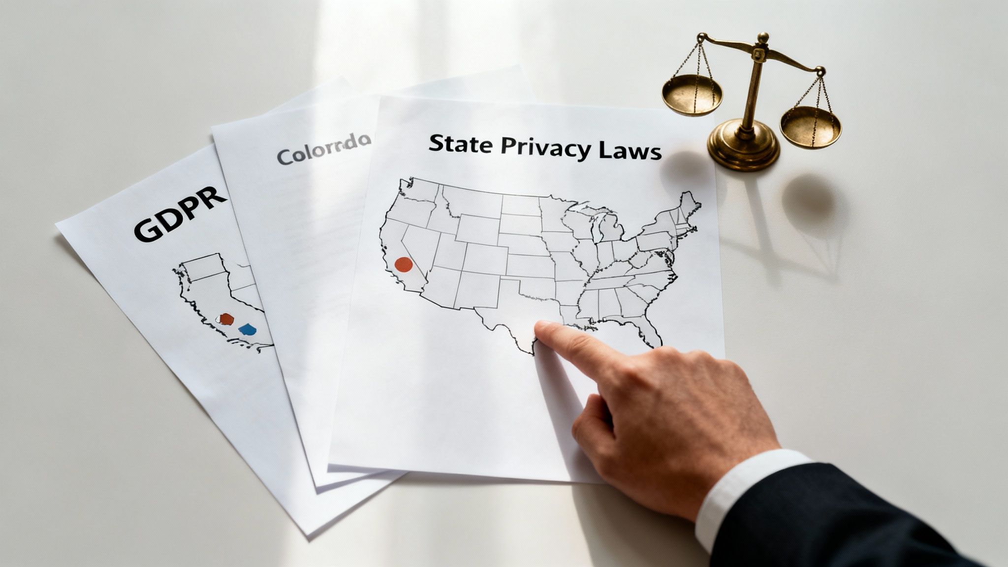 A hand points at a map of US states on a paper about privacy laws, with GDPR and justice scales visible.