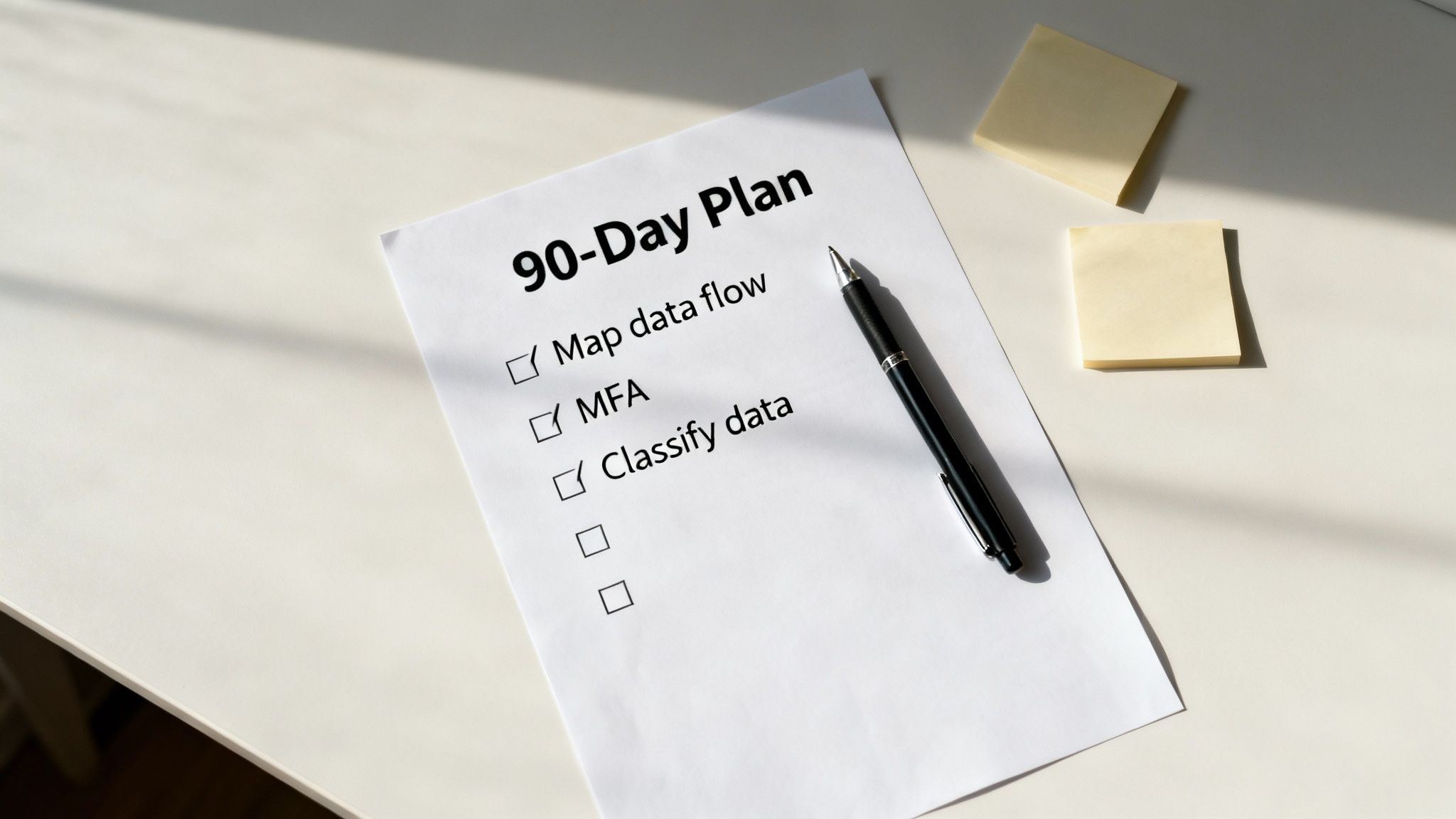 A 90-Day Plan checklist on white paper with tasks like 'Map data flow' checked, alongside a pen and sticky notes on a light desk.
