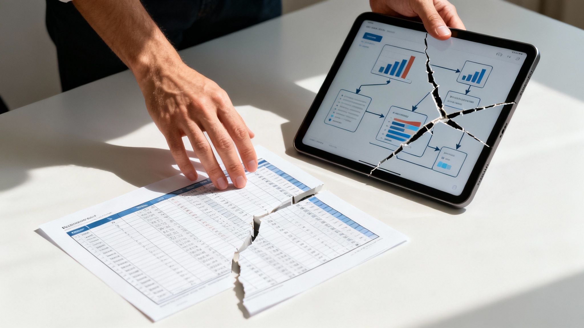 Hands hovering over torn financial data sheets and a broken tablet displaying graphs.