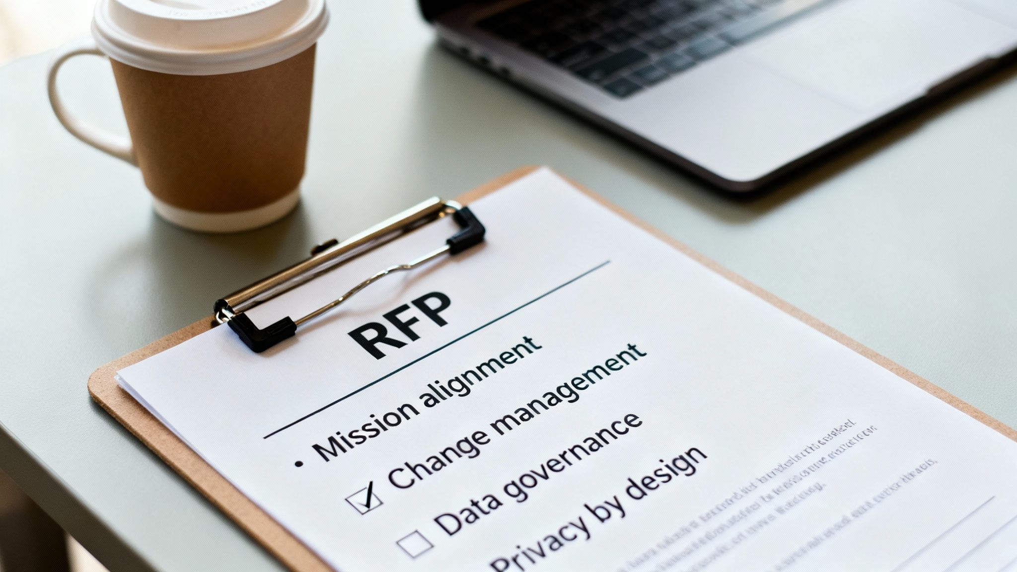A close-up of an RFP document on a clipboard with a checked 'Change management' item, a coffee cup, and a laptop.